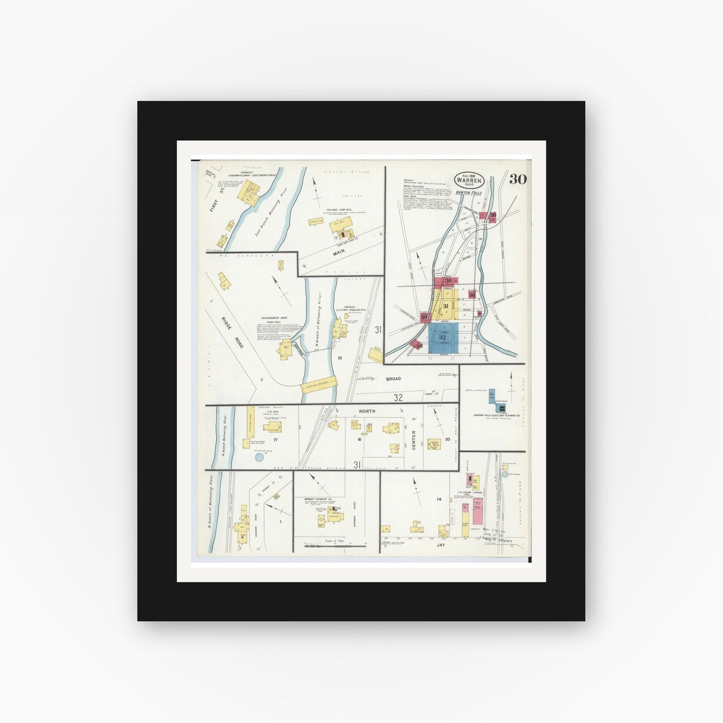 Old map wall art mockup — black gallery frame with white mat — Sanborn Fire Insurance Map from Warren, Trumbull County, Ohio (1908), Sheet #0030