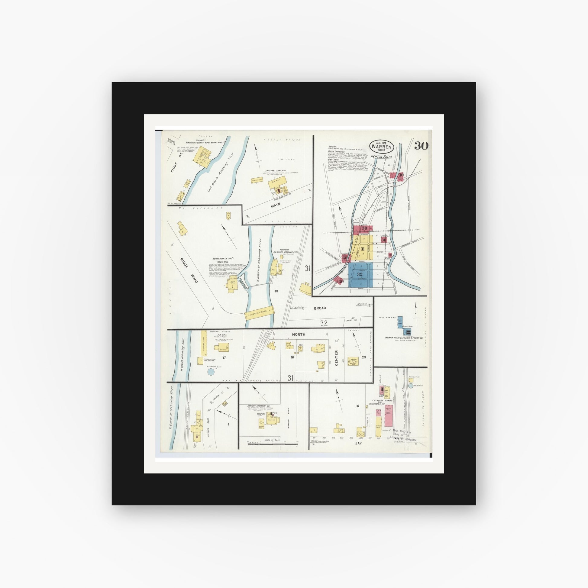 Old map wall art mockup — black gallery frame with white mat — Sanborn Fire Insurance Map from Warren, Trumbull County, Ohio (1908), Sheet #0030