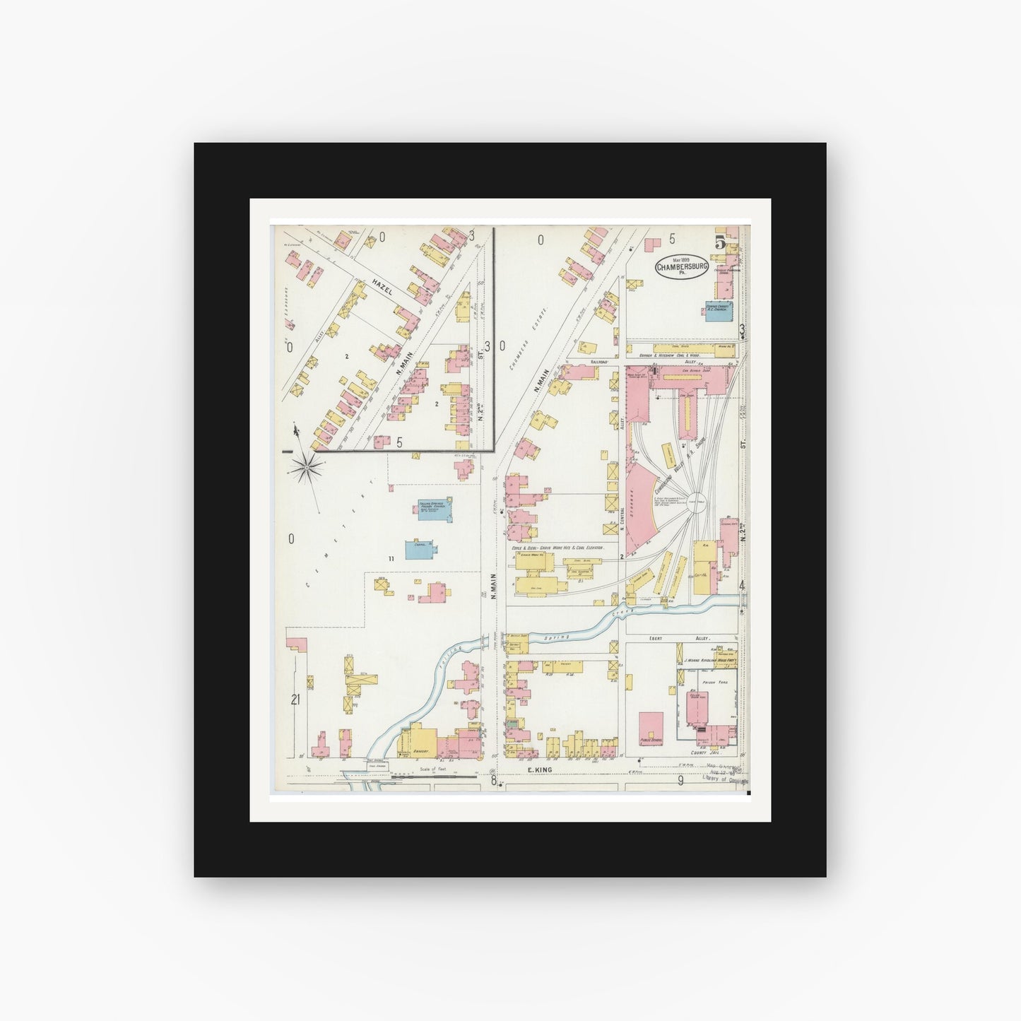 Old map wall art mockup — black gallery frame with white mat — Sanborn Fire Insurance Map from Chambersburg, Franklin County, Pennsylvania (1899), Sheet #0005