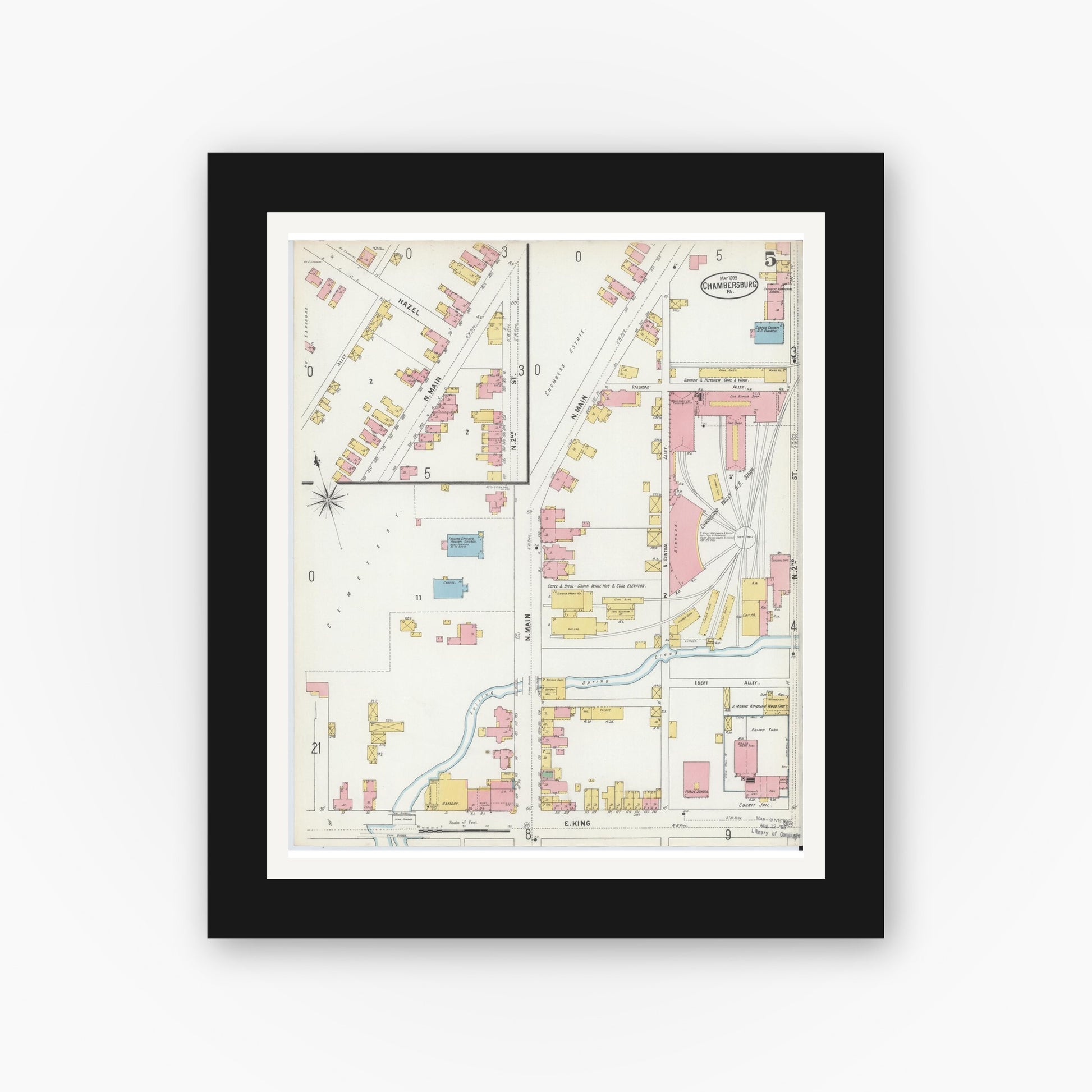 Old map wall art mockup — black gallery frame with white mat — Sanborn Fire Insurance Map from Chambersburg, Franklin County, Pennsylvania (1899), Sheet #0005