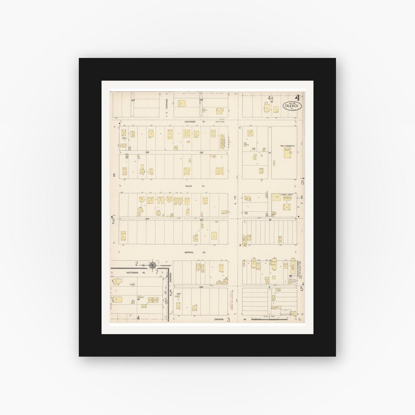 Old map wall art mockup — black gallery frame with white mat — Sanborn Fire Insurance Map from Calexico, Imperial County, California (1916), Sheet #0004