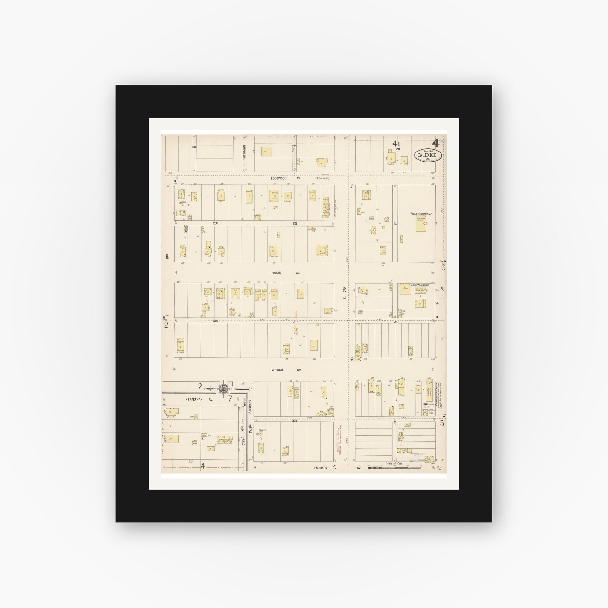 Old map wall art mockup — black gallery frame with white mat — Sanborn Fire Insurance Map from Calexico, Imperial County, California (1916), Sheet #0004