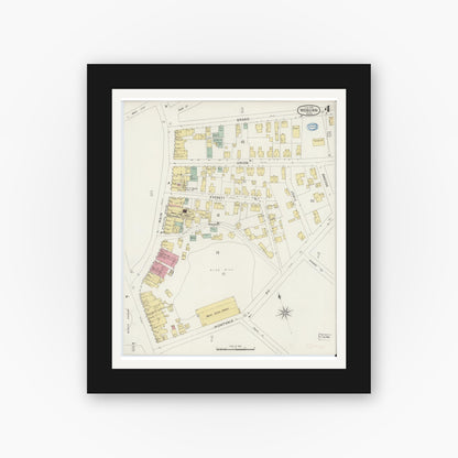 Old map wall art mockup — black gallery frame with white mat — Sanborn Fire Insurance Map from Woburn, Middlesex County, Massachusetts (1894), Sheet #0004