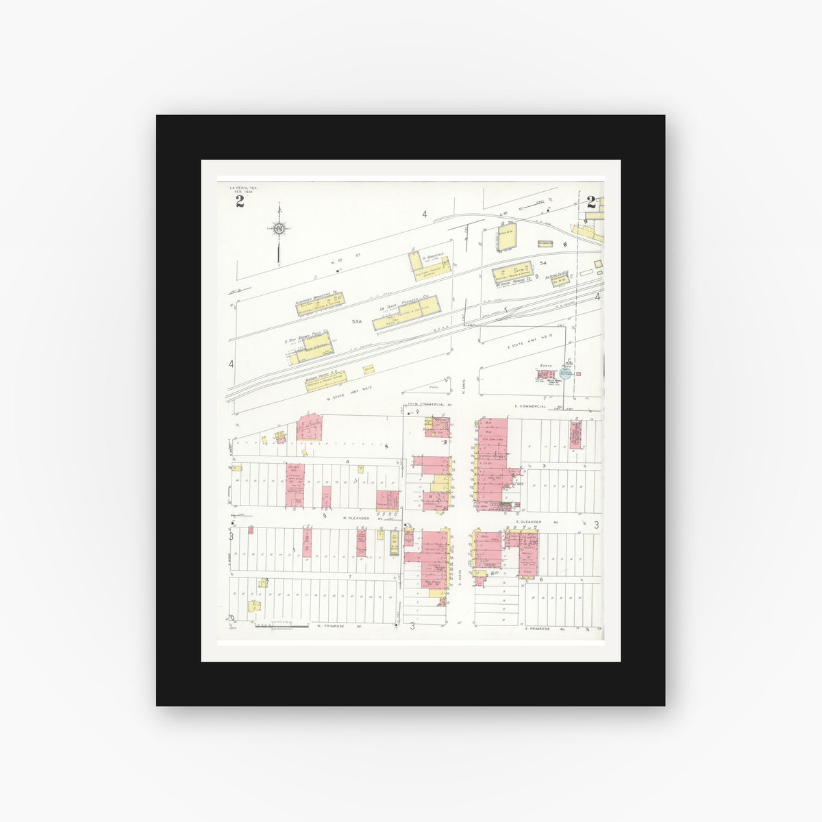 Old map wall art mockup — black gallery frame with white mat — Sanborn Fire Insurance Map from La Feria, Cameron County, Texas (1936), Sheet #0002