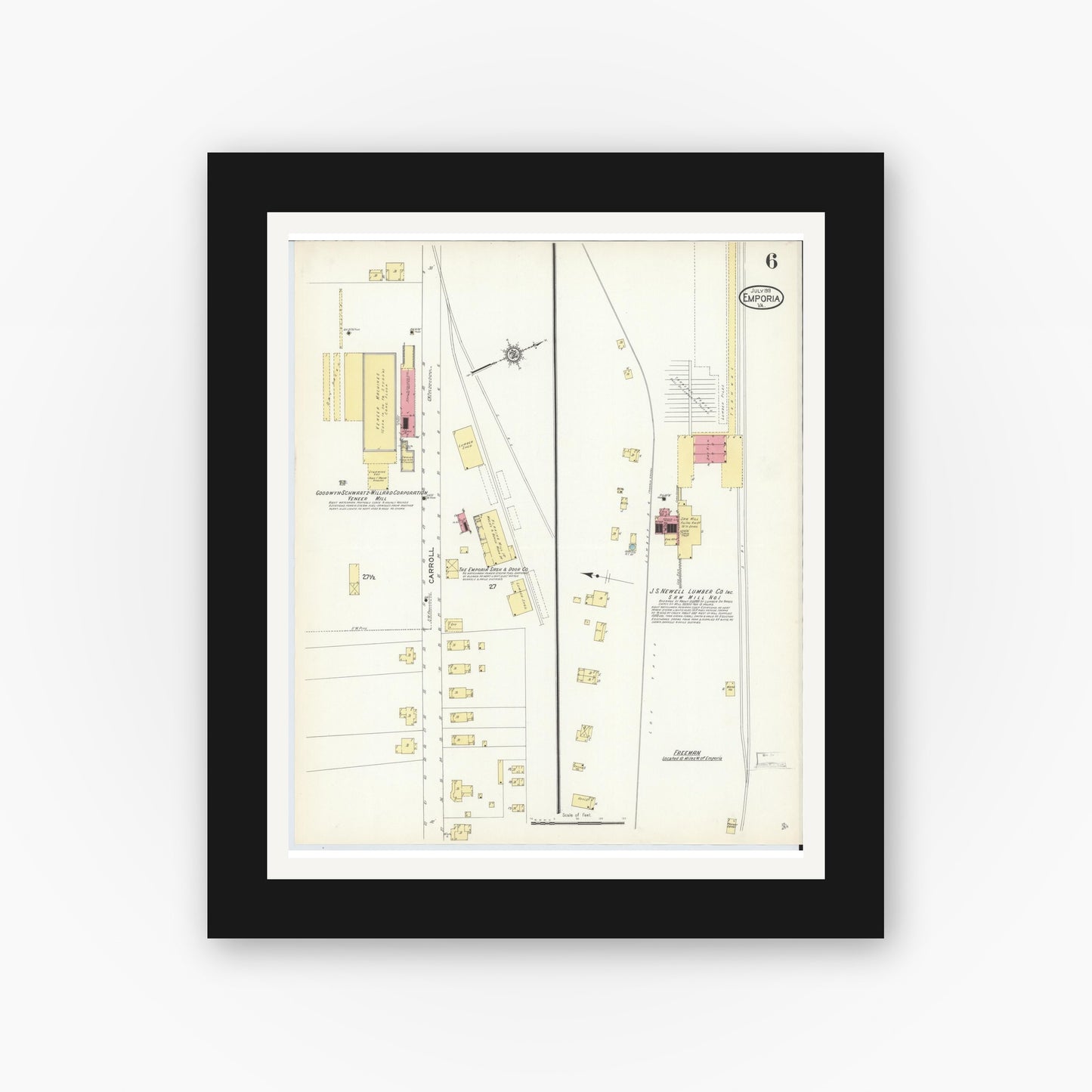 Old map wall art mockup — black gallery frame with white mat — Sanborn Fire Insurance Map from Emporia, Independent Cities, Virginia (1913), Sheet #0006