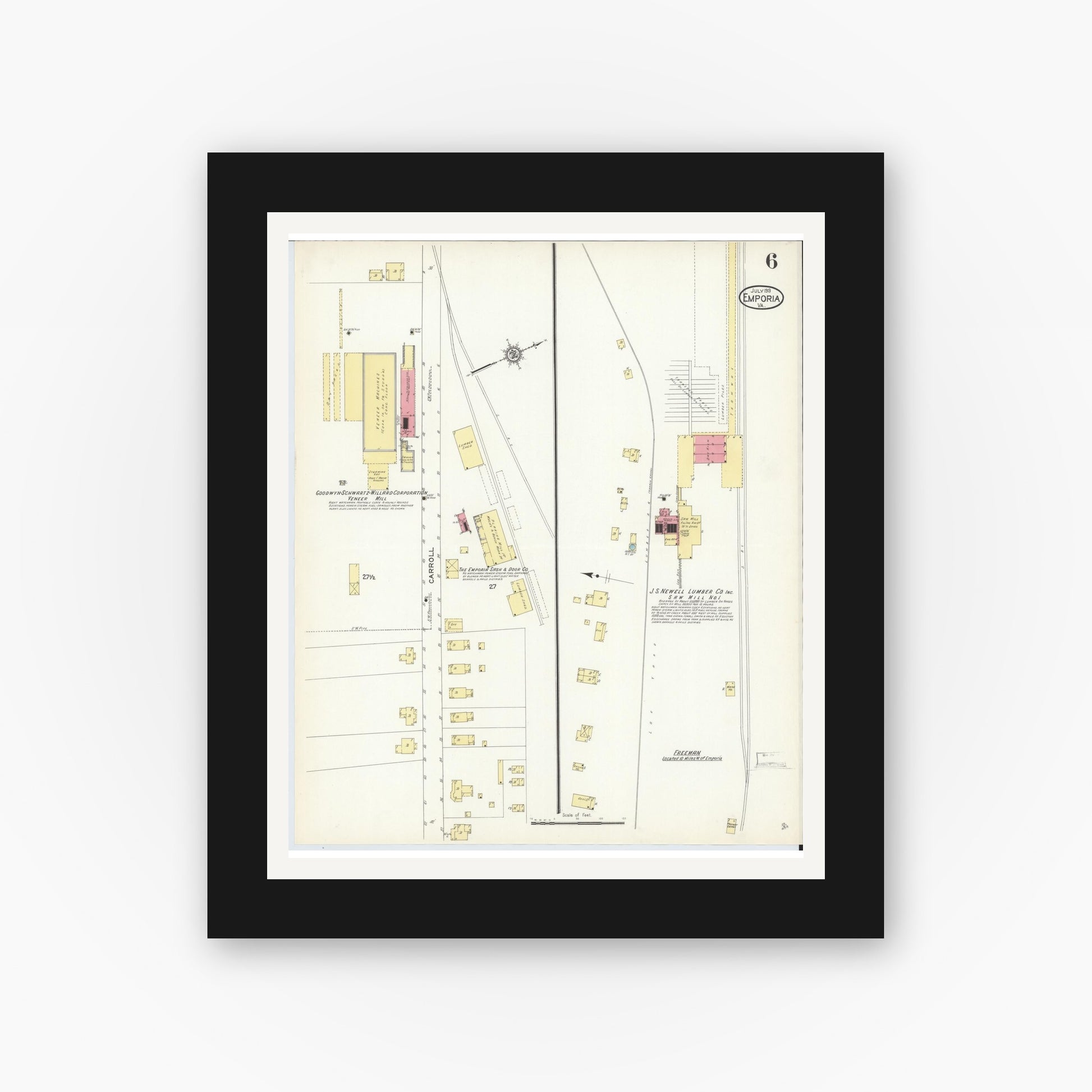 Old map wall art mockup — black gallery frame with white mat — Sanborn Fire Insurance Map from Emporia, Independent Cities, Virginia (1913), Sheet #0006