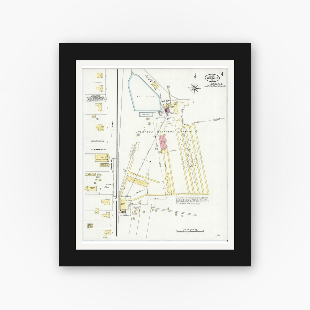 Old map wall art mockup — black gallery frame with white mat — Sanborn Fire Insurance Map from Wolfe City, Hunt County, Texas (1909), Sheet #0004