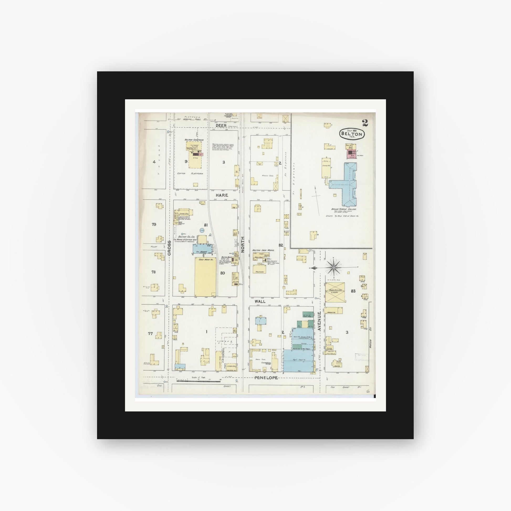 Old map wall art mockup — black gallery frame with white mat — Sanborn Fire Insurance Map from Belton, Bell County, Texas (1891), Sheet #0002