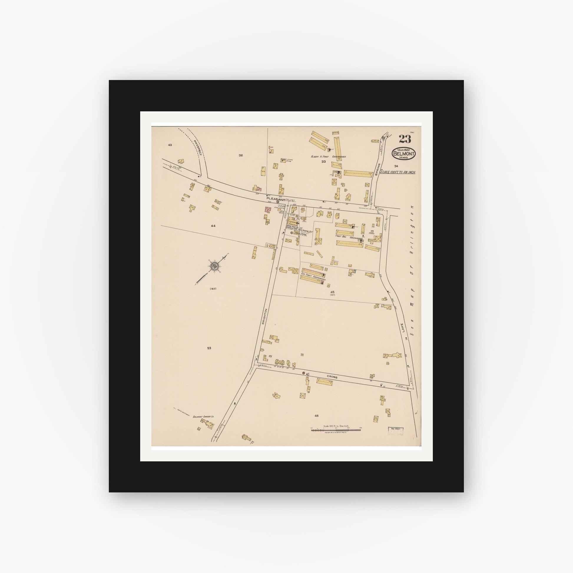 Old map wall art mockup — black gallery frame with white mat — Sanborn Fire Insurance Map from Belmont, Middlesex County, Massachusetts (1922), Sheet #0023