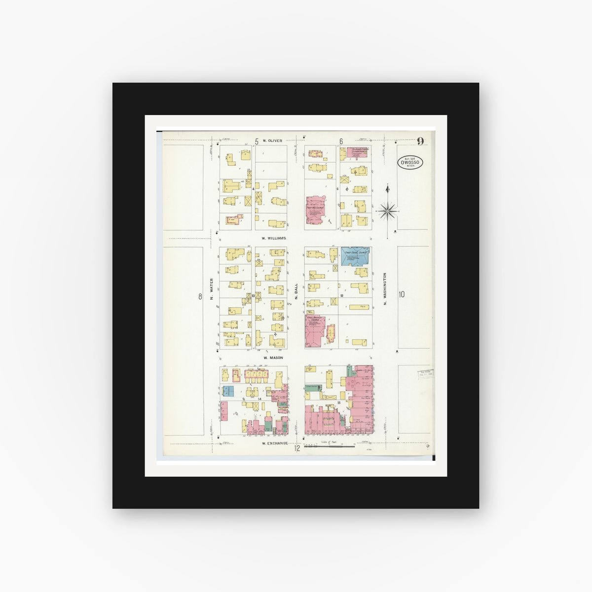 Old map wall art mockup — black gallery frame with white mat — Sanborn Fire Insurance Map from Owosso, Shiawassee County, Michigan (1908), Sheet #0009