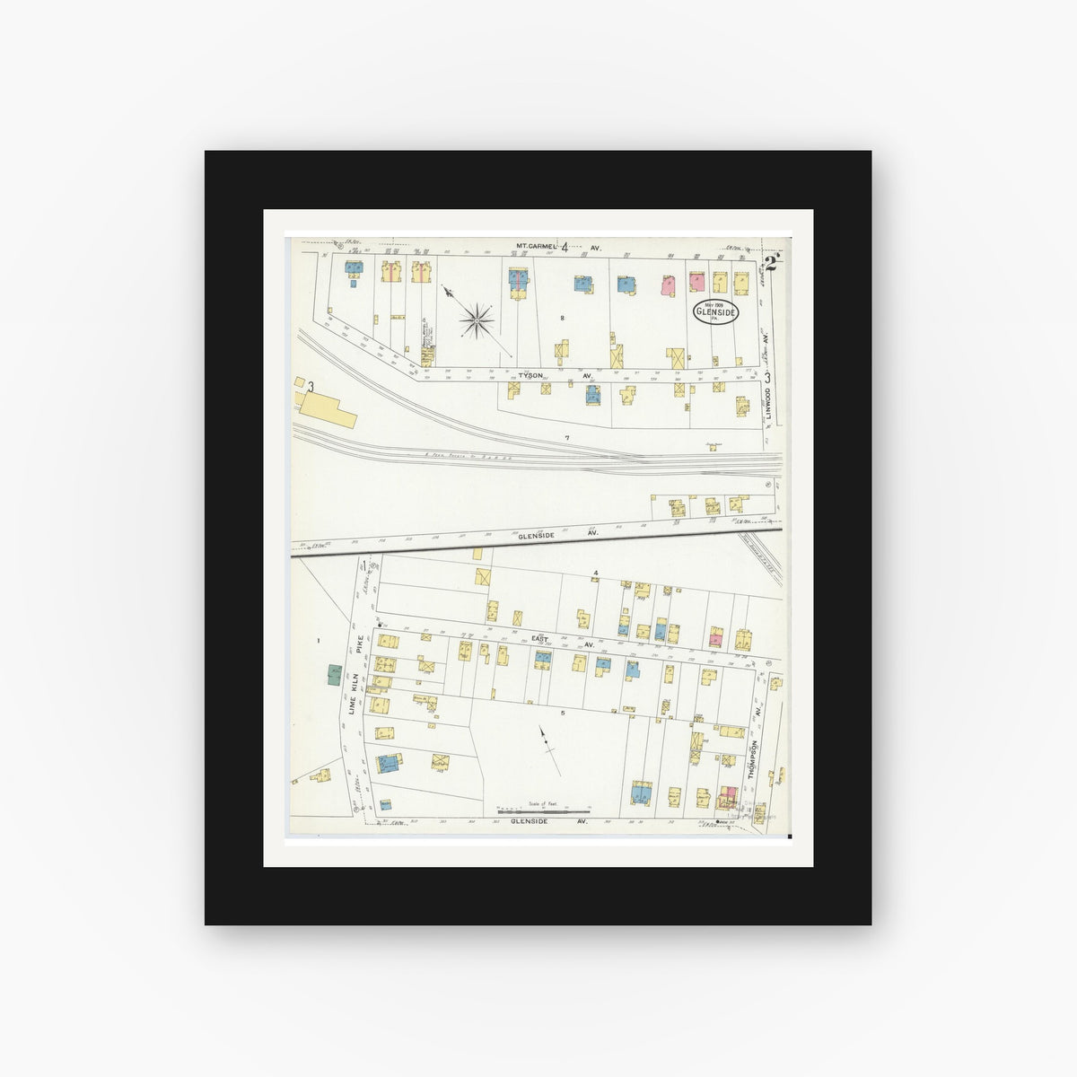 Old map wall art mockup — black gallery frame with white mat — Sanborn Fire Insurance Map from Glenside, Montgomery County, Pennsylvania (1909), Sheet #0002
