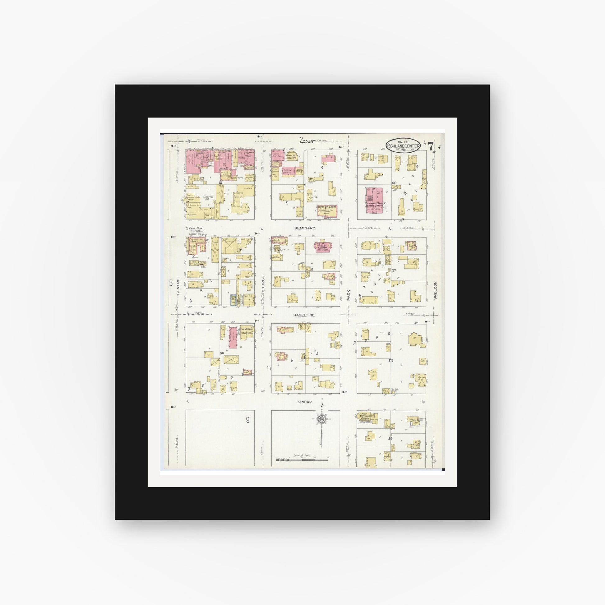 Old map wall art mockup — black gallery frame with white mat — Sanborn Fire Insurance Map from Richland Center, Richland County, Wisconsin (1912), Sheet #0007