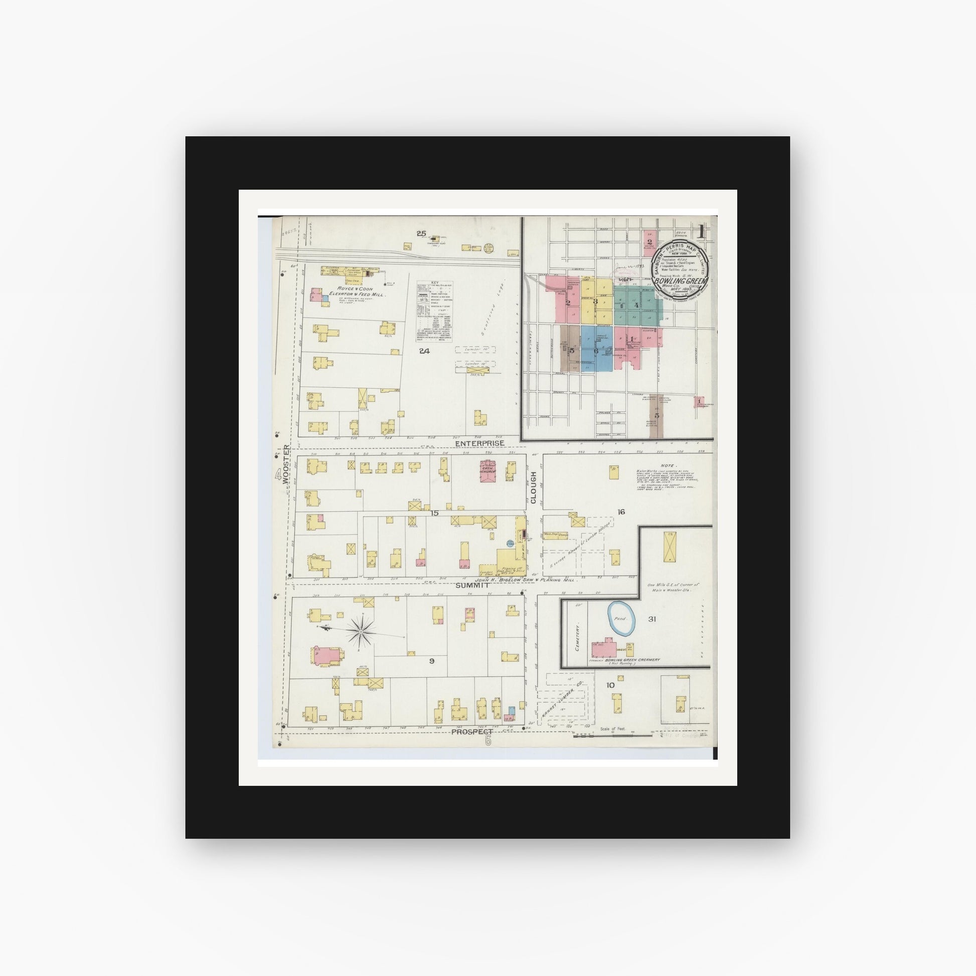 Old map wall art mockup — black gallery frame with white mat — Sanborn Fire Insurance Map from Bowling Green, Wood County, Ohio (1893) - Complete Map Set