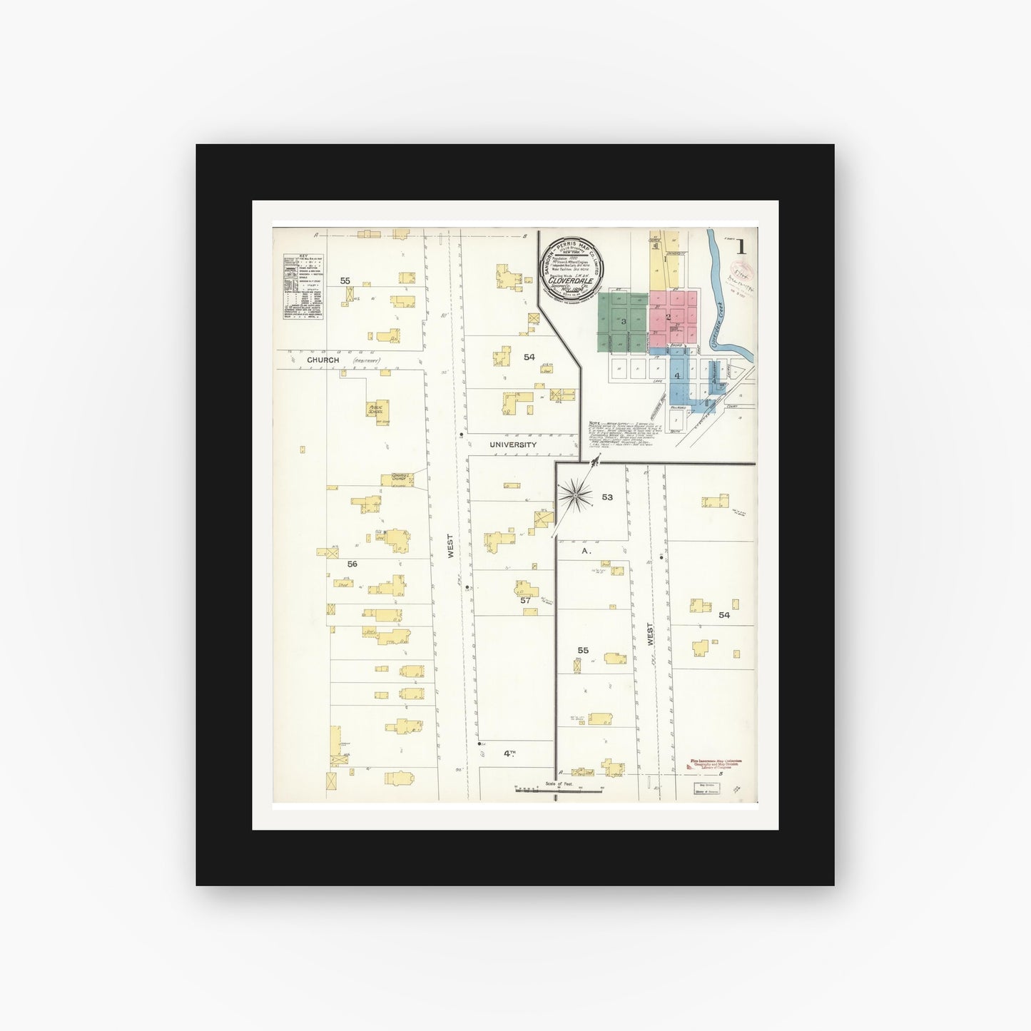 Old map wall art mockup — black gallery frame with white mat — Sanborn Fire Insurance Map from Cloverdale, Sonoma County, California (1894) - Complete Map Set
