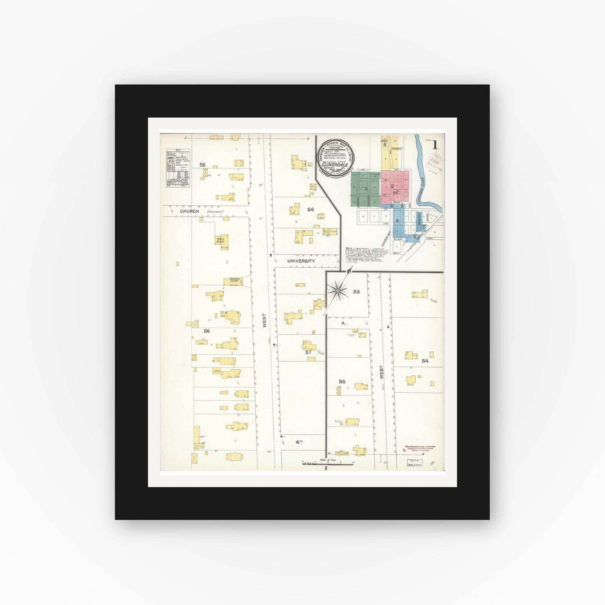 Old map wall art mockup — black gallery frame with white mat — Sanborn Fire Insurance Map from Cloverdale, Sonoma County, California (1894) - Complete Map Set