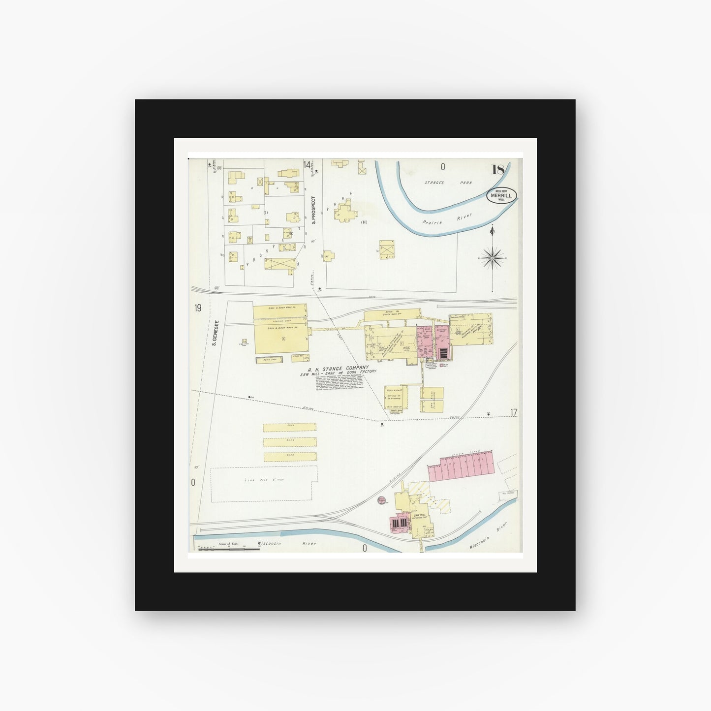 Old map wall art mockup — black gallery frame with white mat — Sanborn Fire Insurance Map from Merrill, Lincoln County, Wisconsin (1907), Sheet #0018