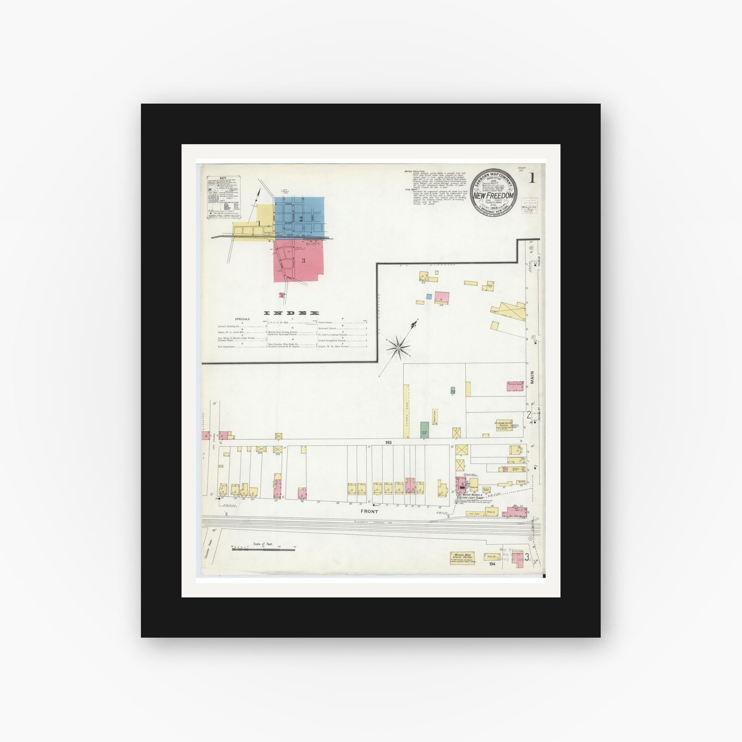 Old map wall art mockup — black gallery frame with white mat — Sanborn Fire Insurance Map from New Freedom, York County, Pennsylvania (1908) - Complete Map Set