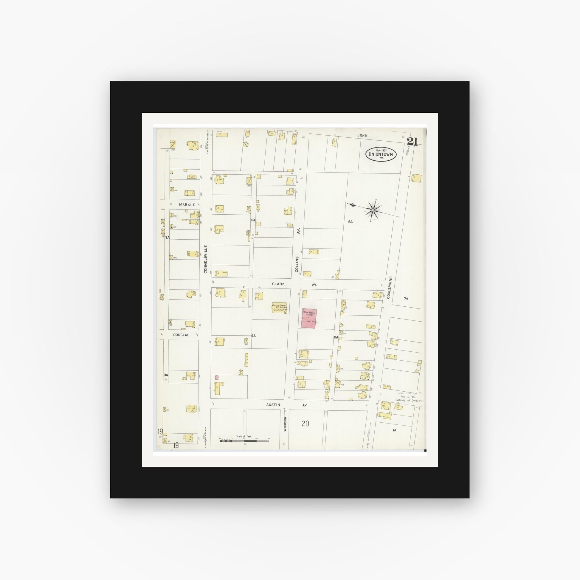 Old map wall art mockup — black gallery frame with white mat — Sanborn Fire Insurance Map from Uniontown, Fayette County, Pennsylvania (1907), Sheet #0021