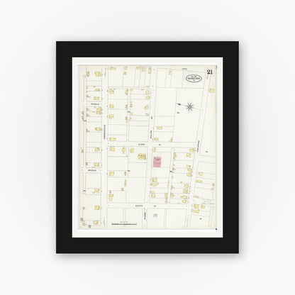 Old map wall art mockup — black gallery frame with white mat — Sanborn Fire Insurance Map from Uniontown, Fayette County, Pennsylvania (1907), Sheet #0021