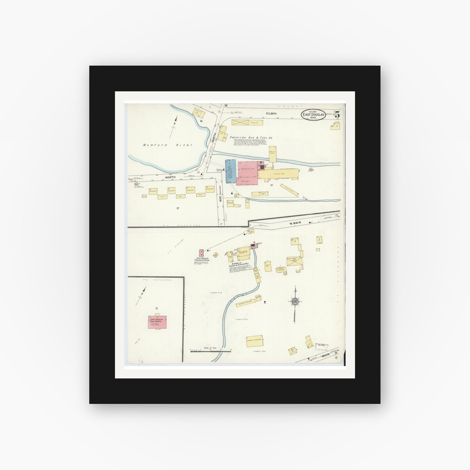 Old map wall art mockup — black gallery frame with white mat — Sanborn Fire Insurance Map from East Douglas, Worcester County, Massachusetts (1911), Sheet #0005