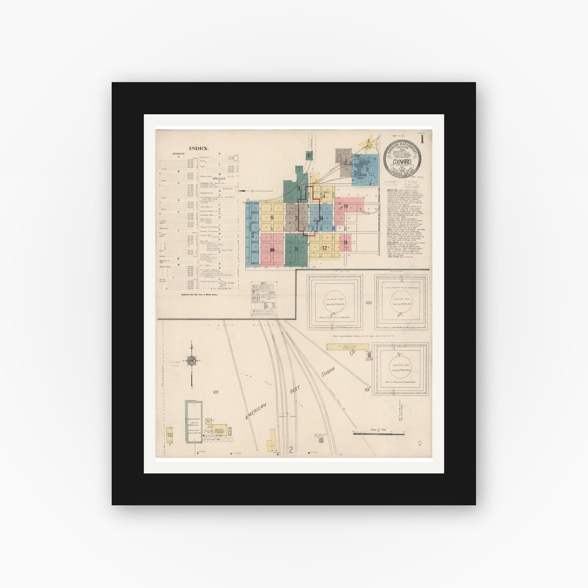 Old map wall art mockup — black gallery frame with white mat — Sanborn Fire Insurance Map from Oxnard, Ventura County, California (1912) - Complete Map Set
