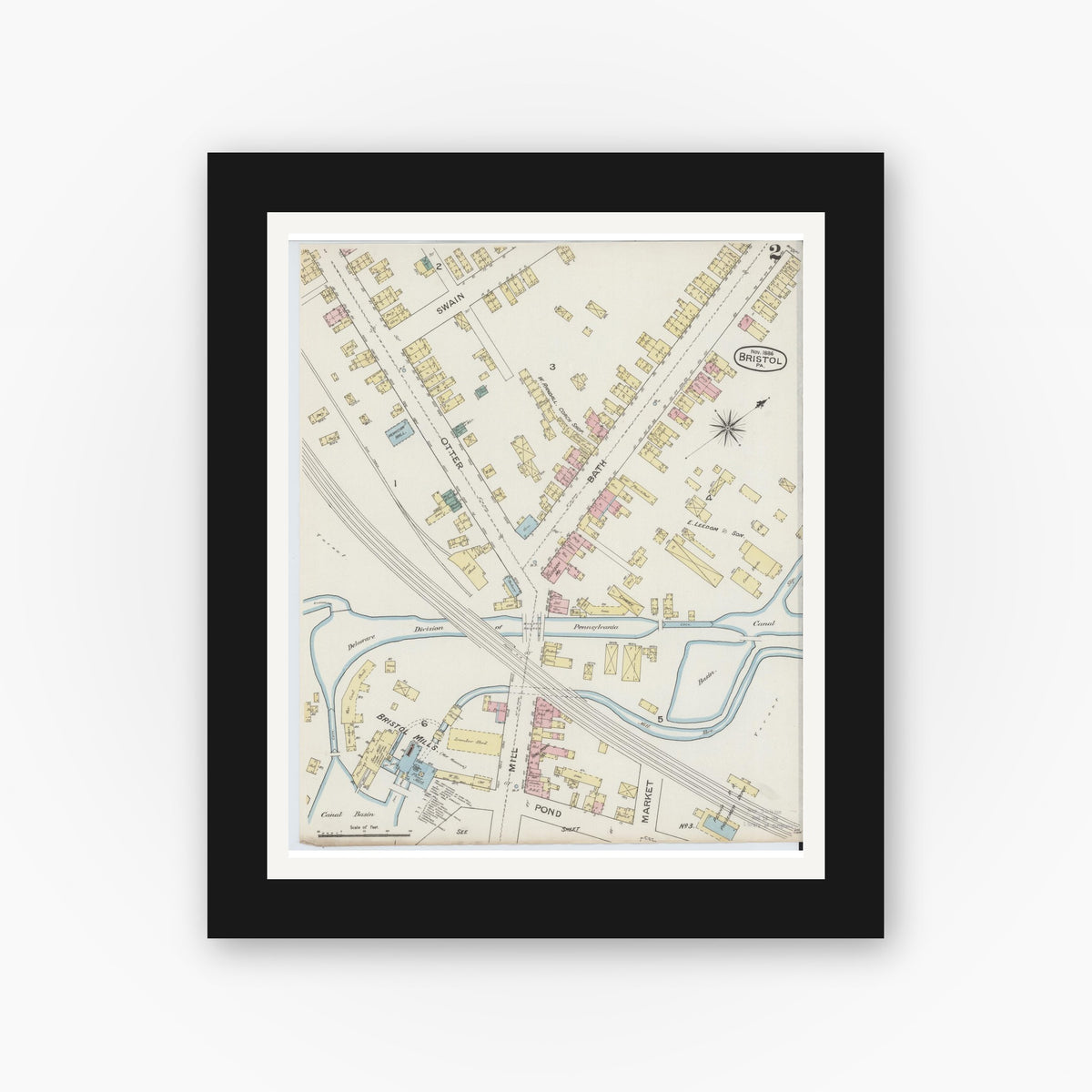 Old map wall art mockup — black gallery frame with white mat — Sanborn Fire Insurance Map from Bristol, Bucks County, Pennsylvania (1886), Sheet #0002