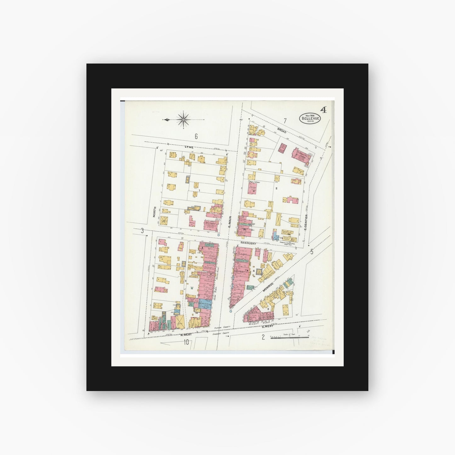 Old map wall art mockup — black gallery frame with white mat — Sanborn Fire Insurance Map from Bellevue, Huron And Sandusky County, Ohio (1906), Sheet #0004