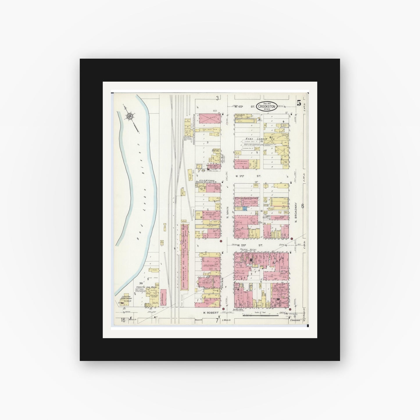 Old map wall art mockup — black gallery frame with white mat — Sanborn Fire Insurance Map from Crookston, Polk County, Minnesota (1913), Sheet #0005