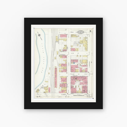 Old map wall art mockup — black gallery frame with white mat — Sanborn Fire Insurance Map from Crookston, Polk County, Minnesota (1913), Sheet #0005
