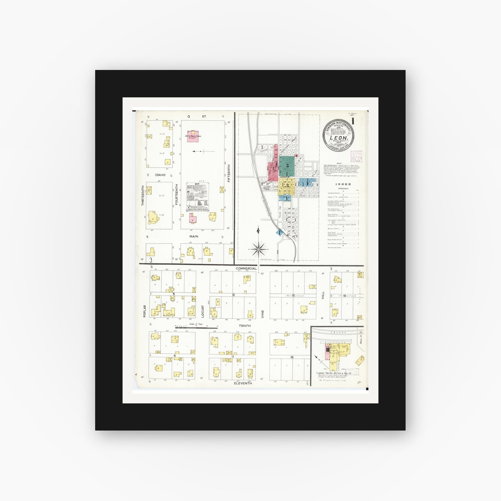Old map wall art mockup — black gallery frame with white mat — Sanborn Fire Insurance Map from Leon, Decatur County, Iowa (1907) â€” Complete Set