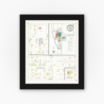Old map wall art mockup — black gallery frame with white mat — Sanborn Fire Insurance Map from Leon, Decatur County, Iowa (1907) â€” Complete Set
