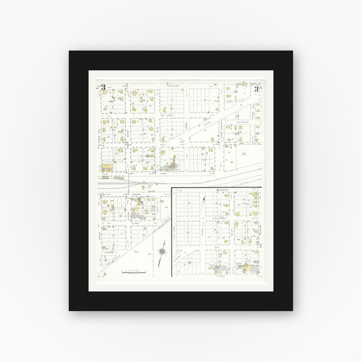 Old map wall art mockup — black gallery frame with white mat — Sanborn Fire Insurance Map from Runge, Karnes County, Texas (1934), Sheet #0003