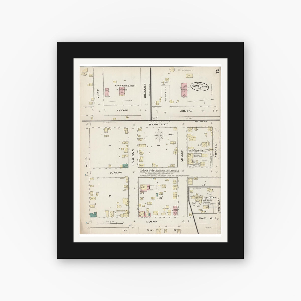 Old map wall art mockup — black gallery frame with white mat — Sanborn Fire Insurance Map from Kewaunee, Kewaunee County, Wisconsin (1885), Sheet #0002