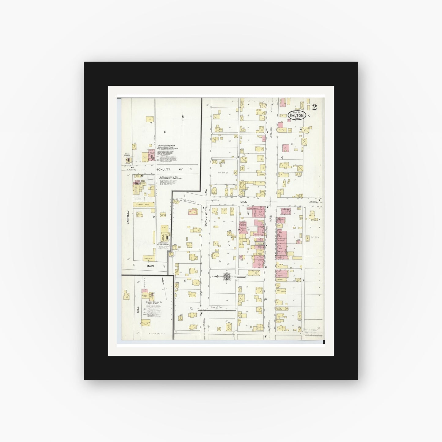 Old map wall art mockup — black gallery frame with white mat — Sanborn Fire Insurance Map from Dalton, Wayne County, Ohio (1911), Sheet #0002