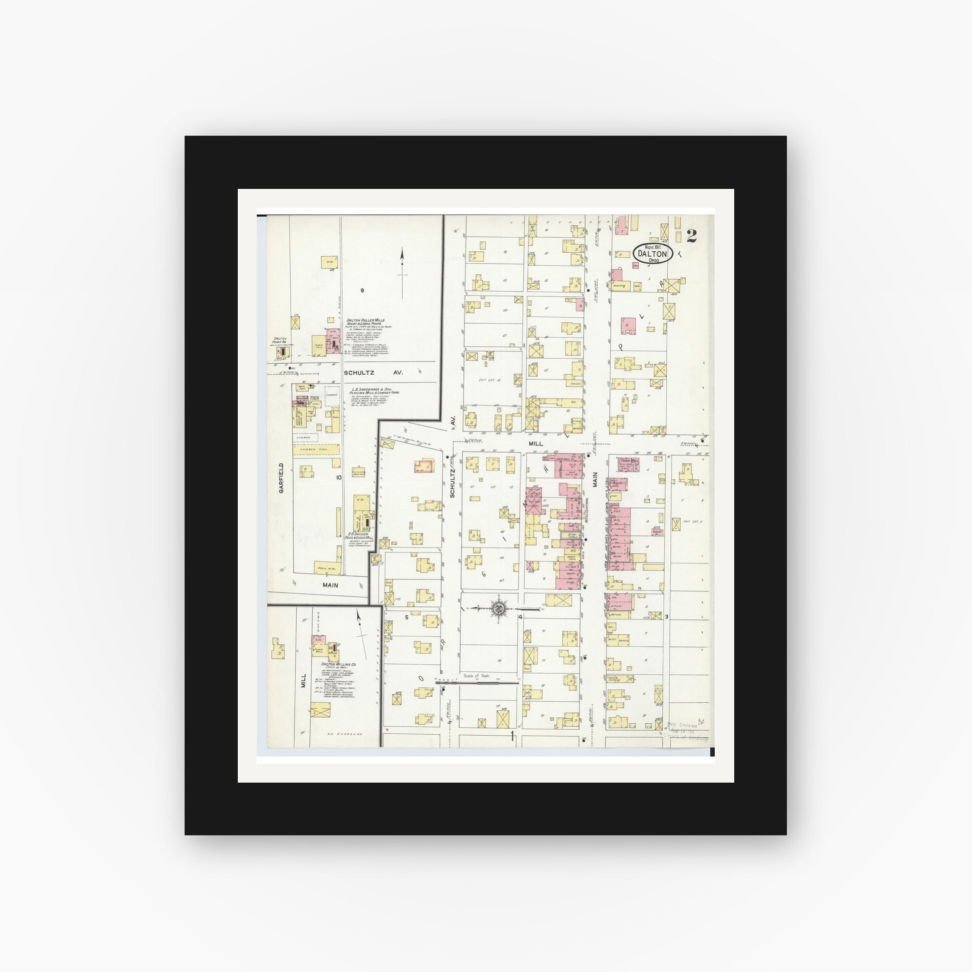 Old map wall art mockup — black gallery frame with white mat — Sanborn Fire Insurance Map from Dalton, Wayne County, Ohio (1911), Sheet #0002