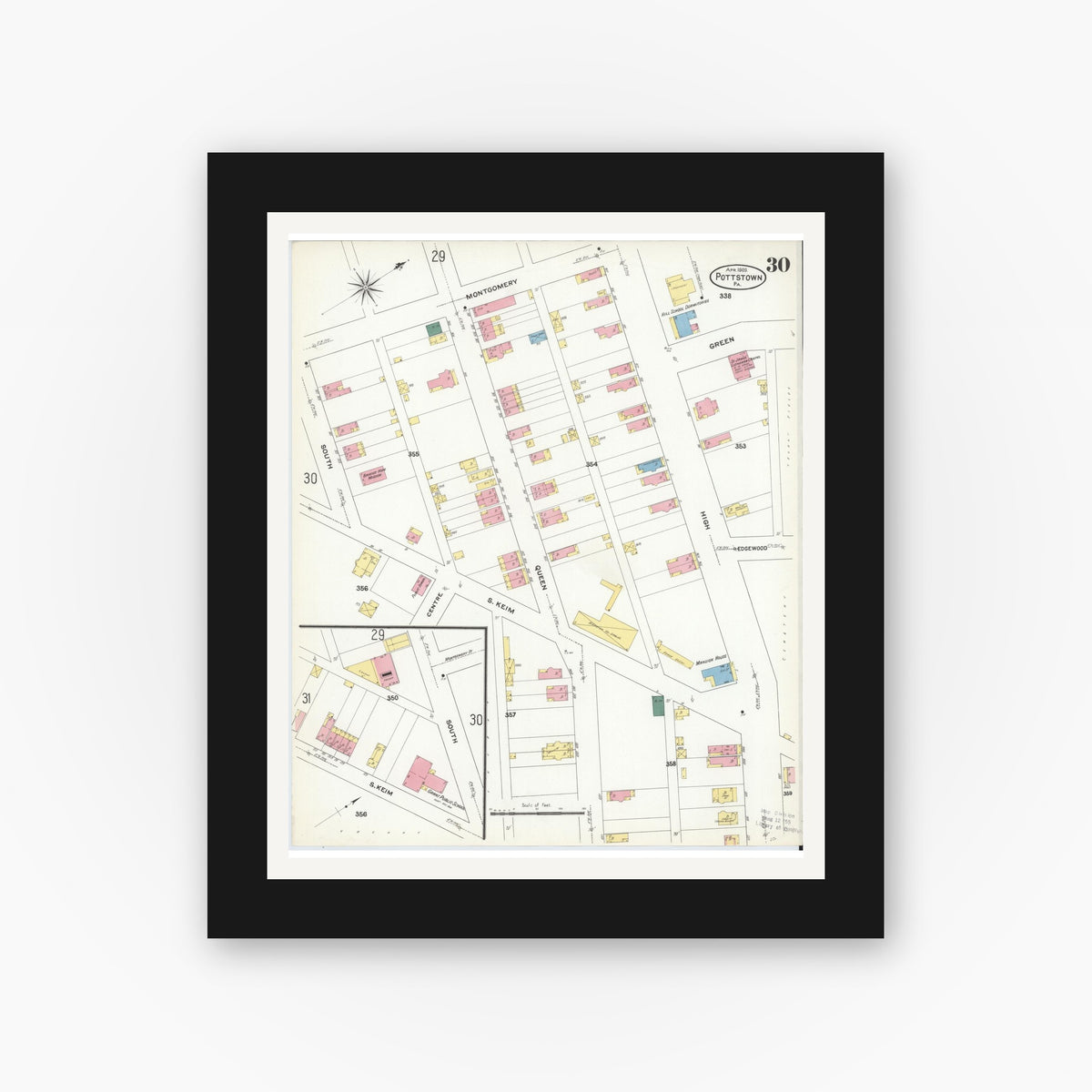 Old map wall art mockup — black gallery frame with white mat — Sanborn Fire Insurance Map from Pottstown, Montgomery County, Pennsylvania (1909), Sheet #0030