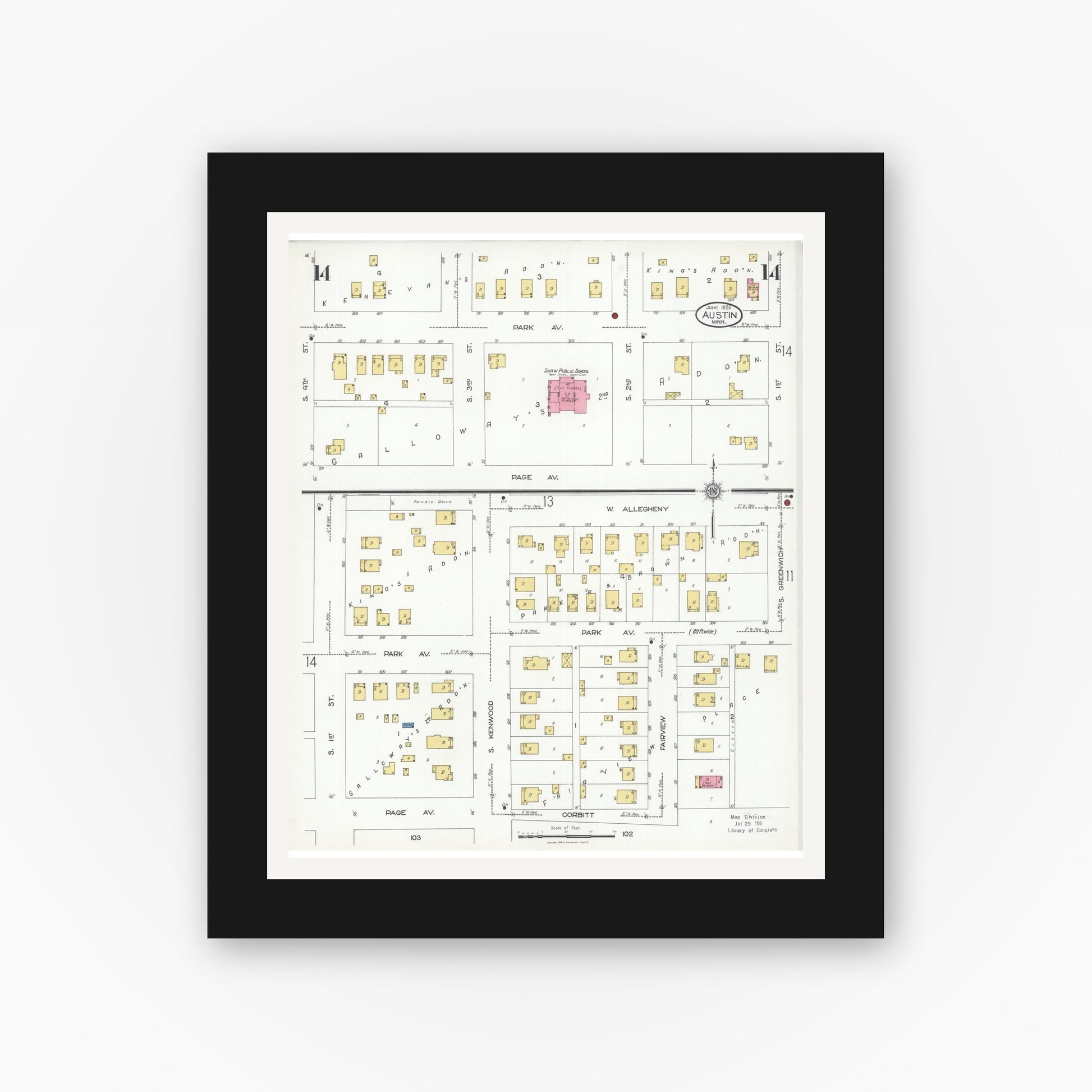 Old map wall art mockup — black gallery frame with white mat — Sanborn Fire Insurance Map from Austin, Mower County, Minnesota (1926), Sheet #0014