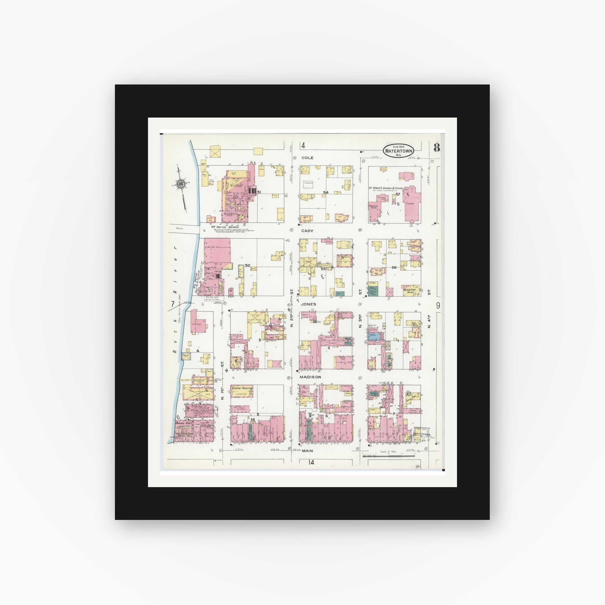 Old map wall art mockup — black gallery frame with white mat — Sanborn Fire Insurance Map from Watertown, Jefferson County, Wisconsin (1909), Sheet #0008