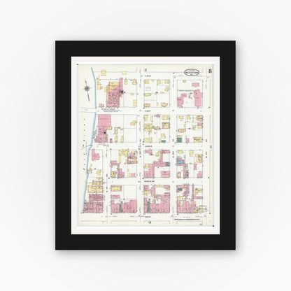Old map wall art mockup — black gallery frame with white mat — Sanborn Fire Insurance Map from Watertown, Jefferson County, Wisconsin (1909), Sheet #0008