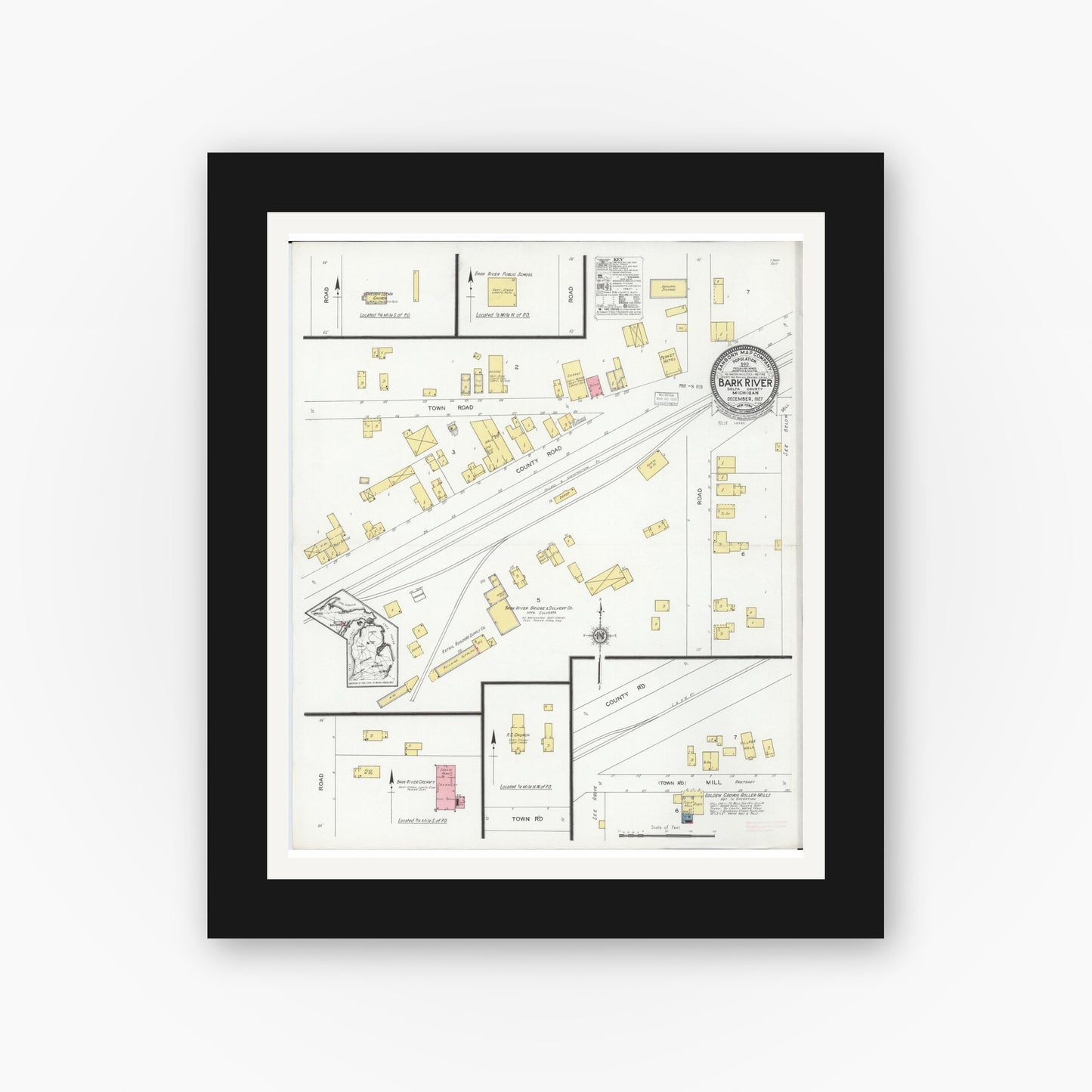 Old map wall art mockup — black gallery frame with white mat — Sanborn Fire Insurance Map from Bark River, Delta County, Michigan (1927), Sheet #0001