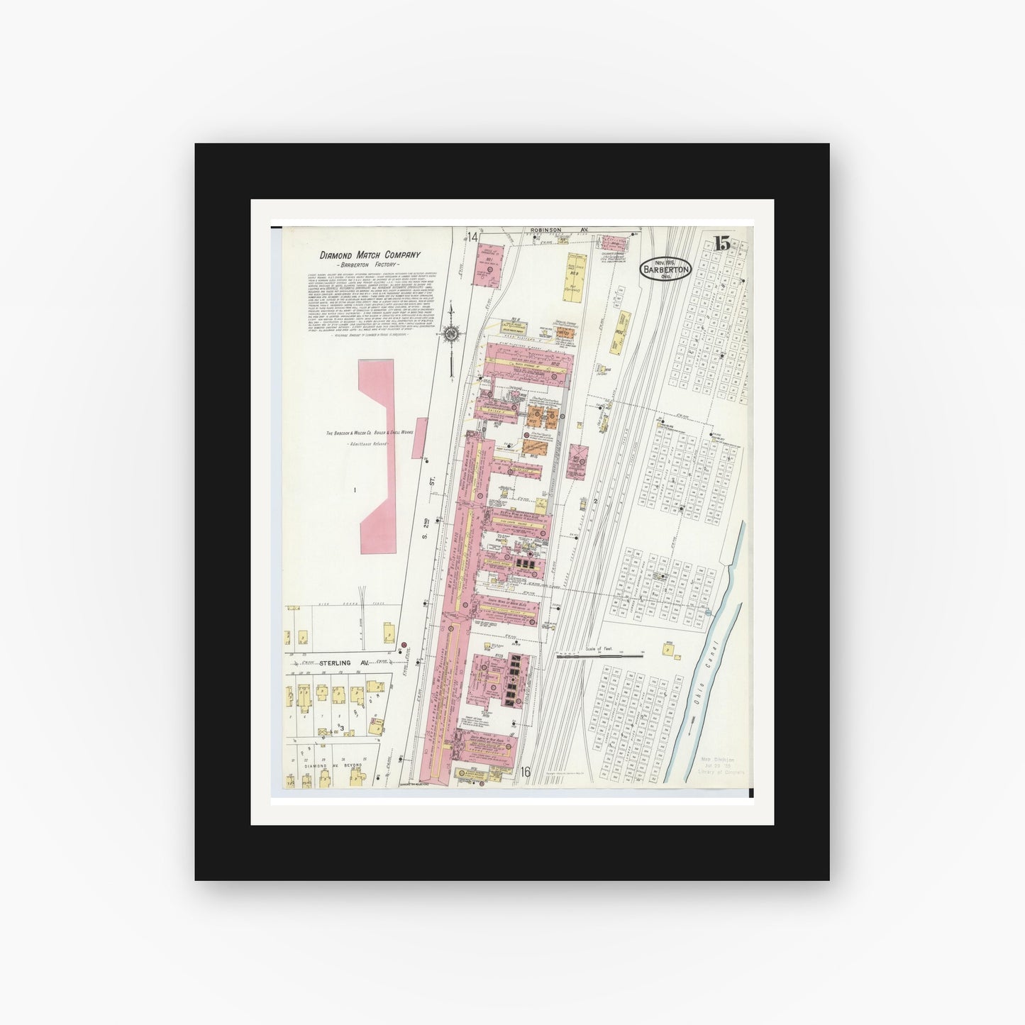 Old map wall art mockup — black gallery frame with white mat — Sanborn Fire Insurance Map from Barberton, Summit County, Ohio (1916), Sheet #0015