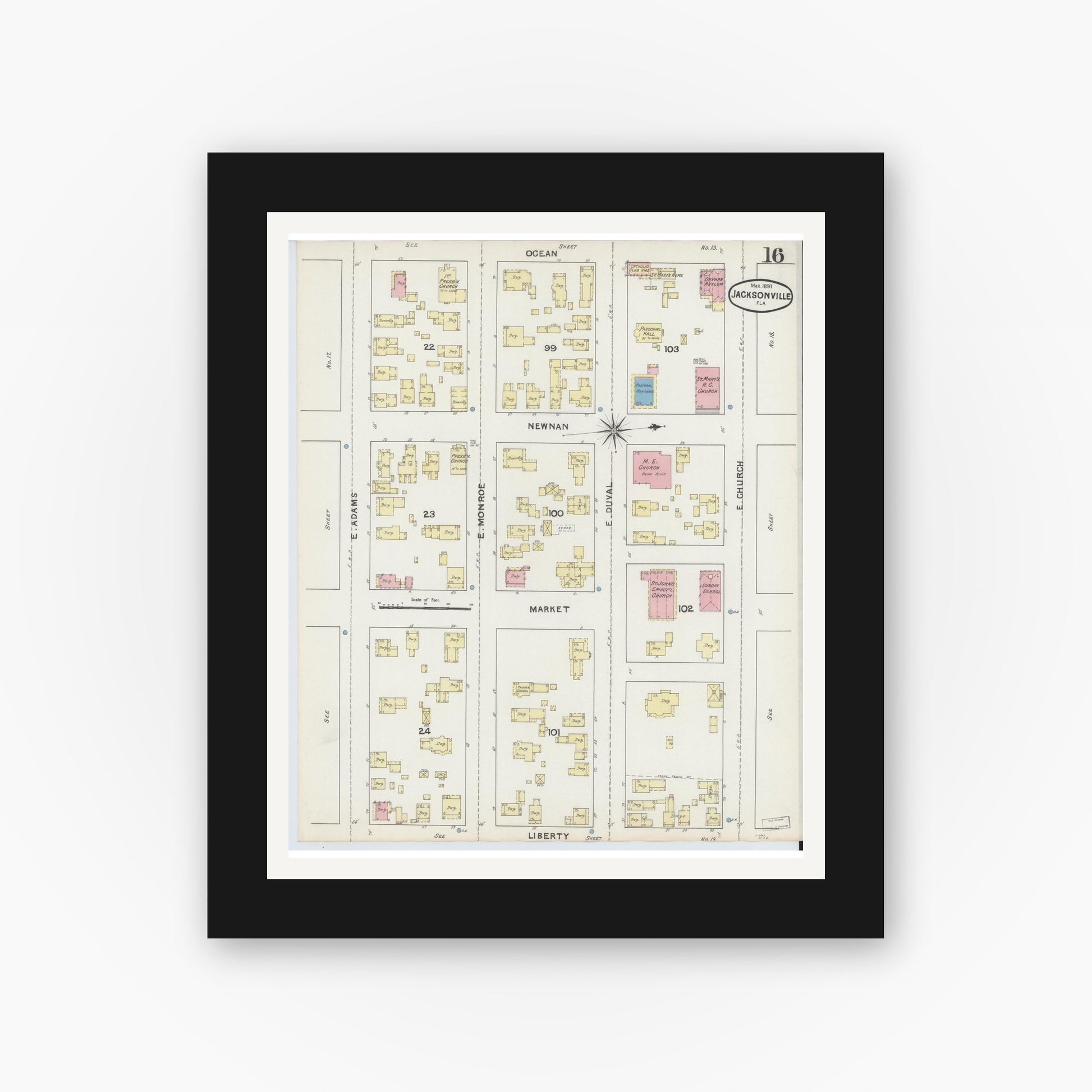 Old map wall art mockup — black gallery frame with white mat — Sanborn Fire Insurance Map from Jacksonville, Duval County, Florida (1891), Sheet #0016