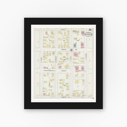 Old map wall art mockup — black gallery frame with white mat — Sanborn Fire Insurance Map from Jacksonville, Duval County, Florida (1891), Sheet #0016