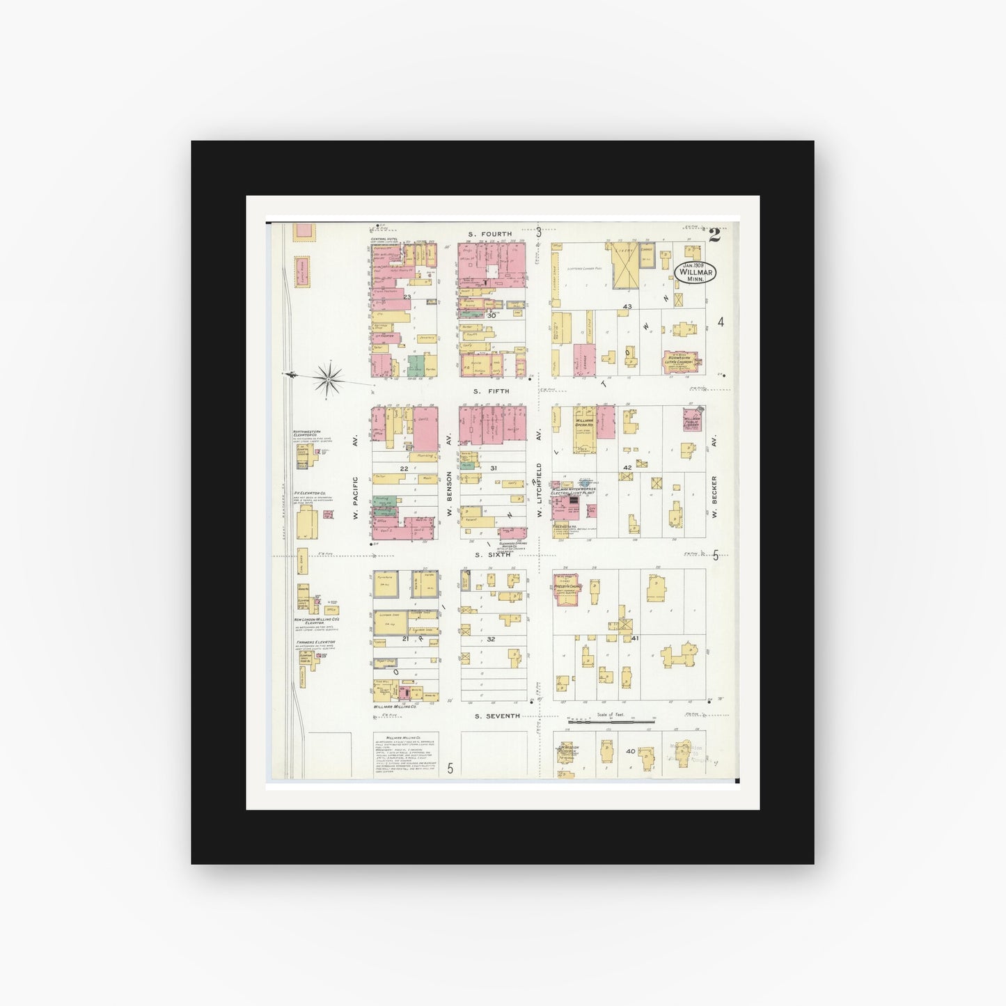 Old map wall art mockup — black gallery frame with white mat — Sanborn Fire Insurance Map from Willmar, Kandiyohi County, Minnesota (1909), Sheet #0002