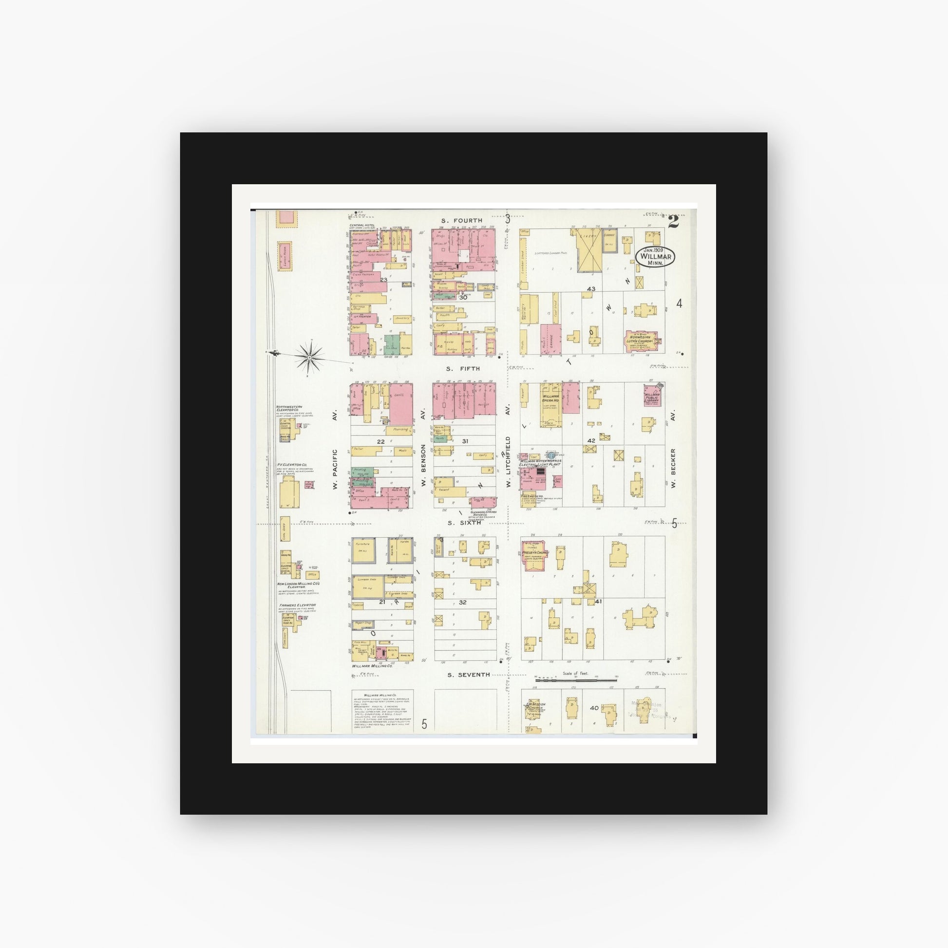Old map wall art mockup — black gallery frame with white mat — Sanborn Fire Insurance Map from Willmar, Kandiyohi County, Minnesota (1909), Sheet #0002