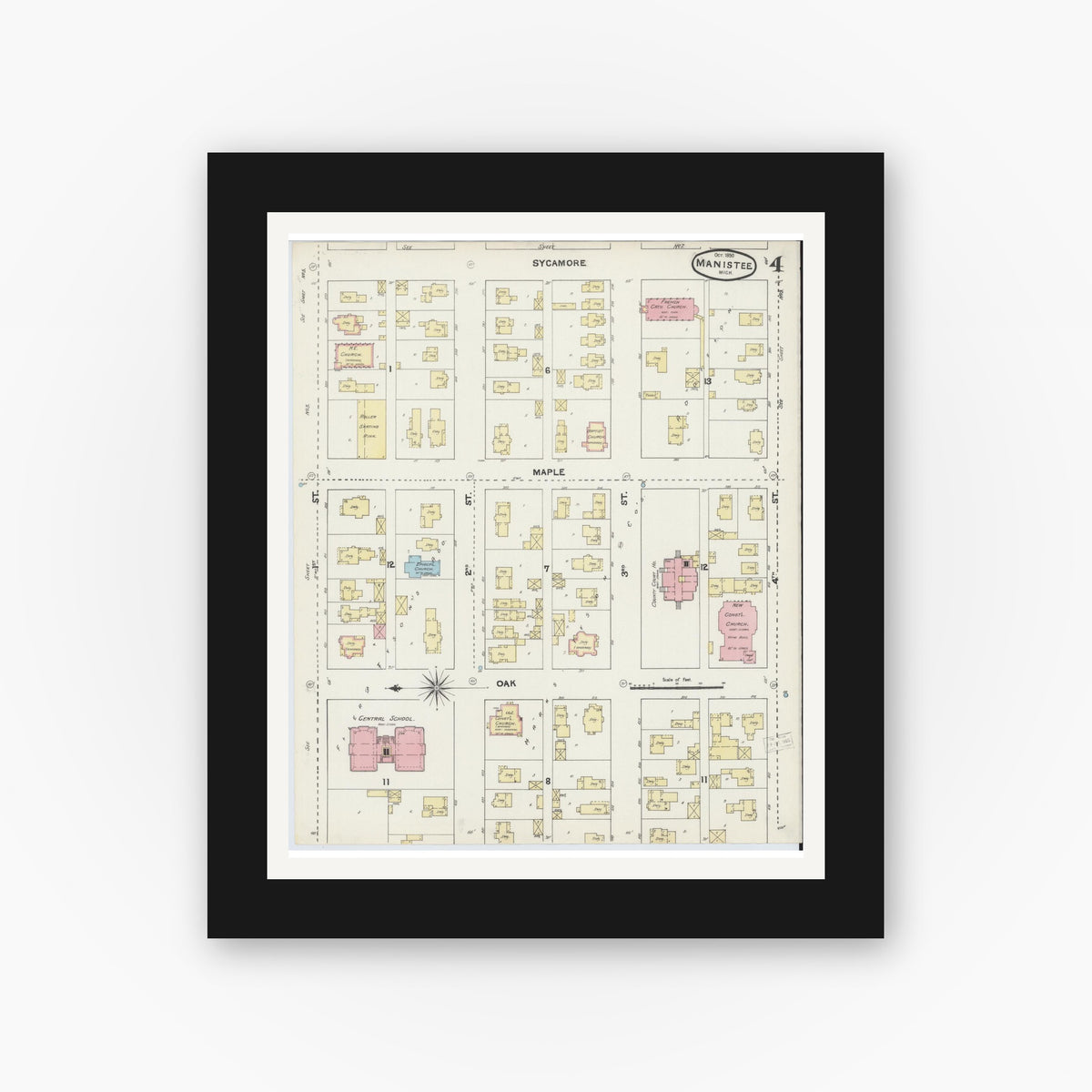 Old map wall art mockup — black gallery frame with white mat — Sanborn Fire Insurance Map from Manistee, Manistee County, Michigan (1890), Sheet #0004