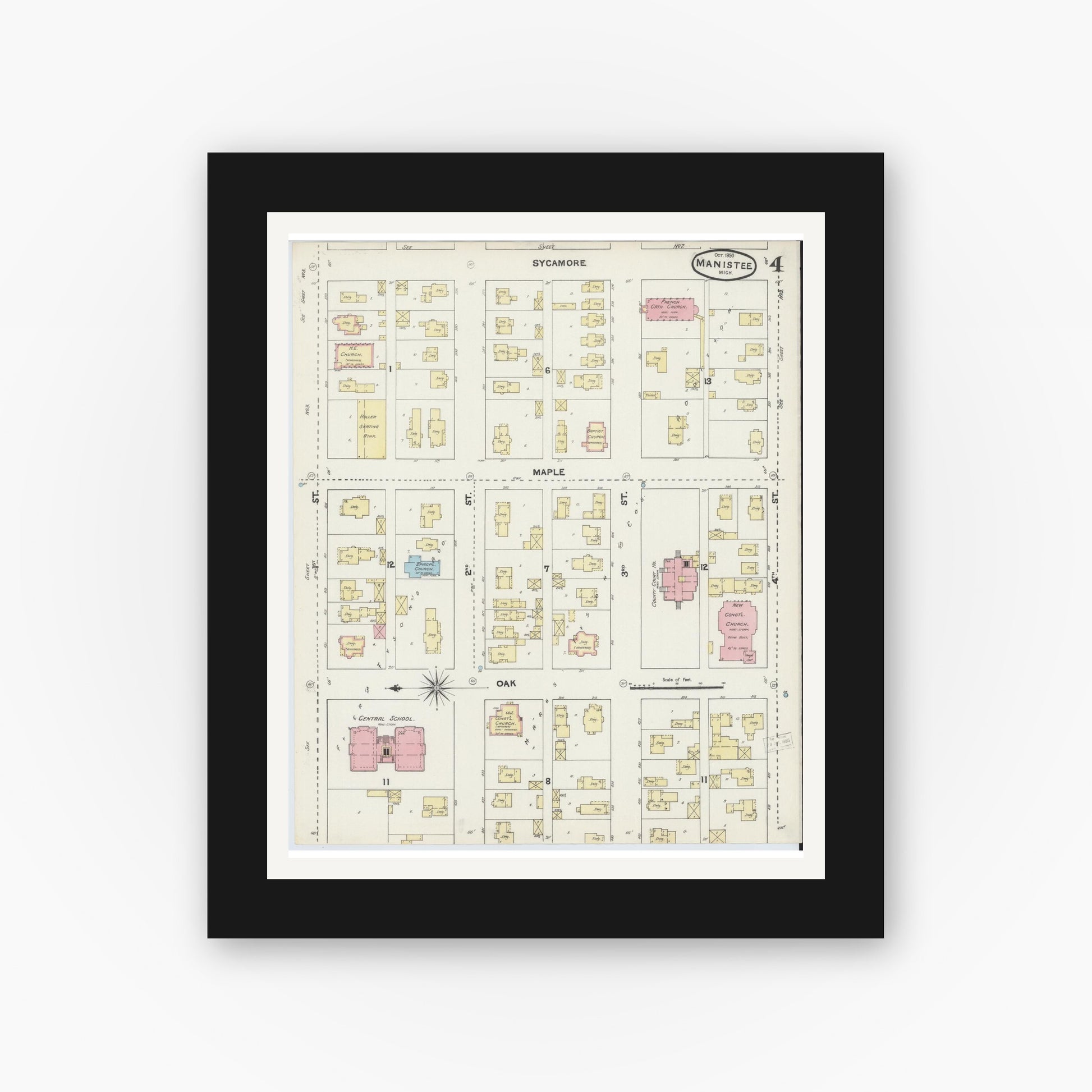Old map wall art mockup — black gallery frame with white mat — Sanborn Fire Insurance Map from Manistee, Manistee County, Michigan (1890), Sheet #0004