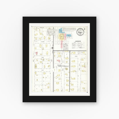Old map wall art mockup — black gallery frame with white mat — Sanborn Fire Insurance Map from Sidney, Fremont County, Iowa (1914) â€” Complete Set