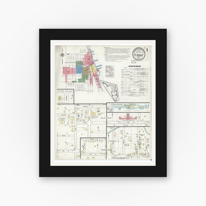 Old map wall art mockup — black gallery frame with white mat — Sanborn Fire Insurance Map from Fort Pierce, St Lucie County, Florida (1918), Sheet #0001