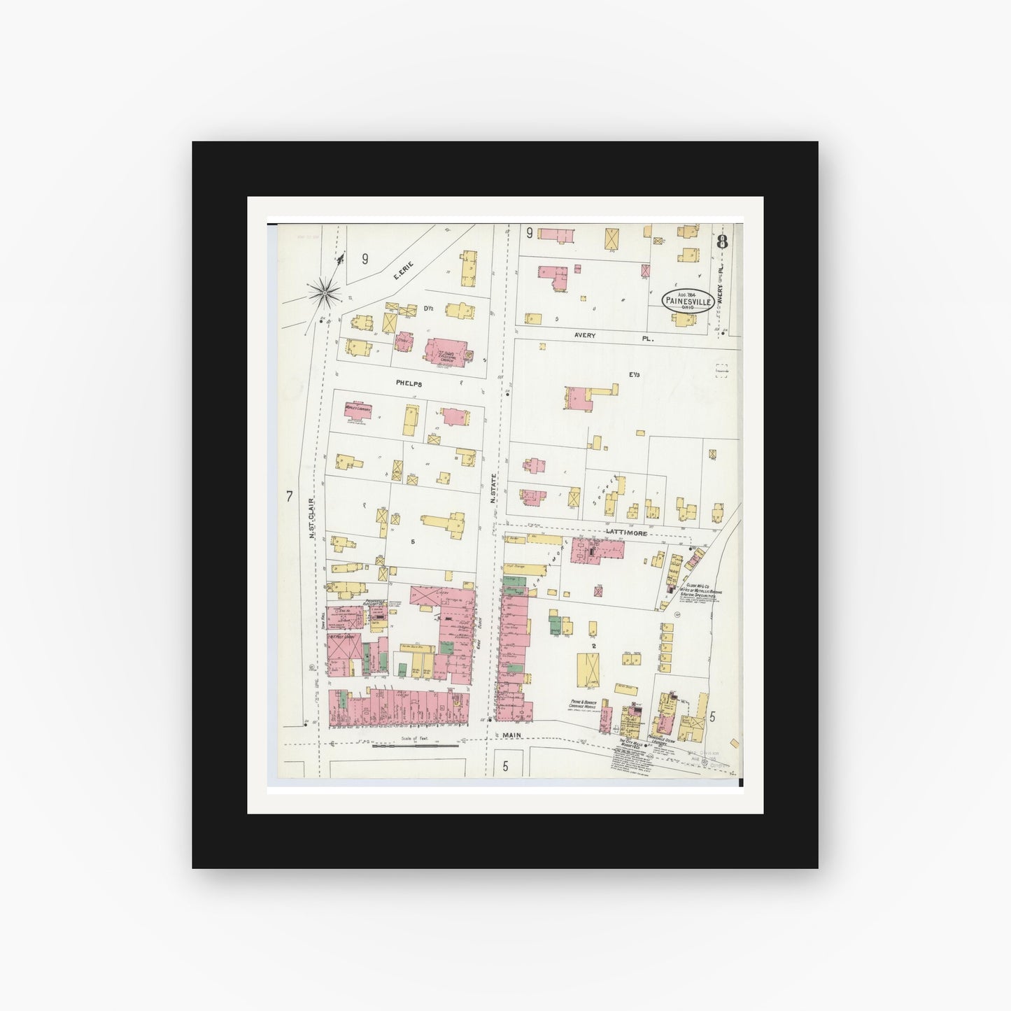 Old map wall art mockup — black gallery frame with white mat — Sanborn Fire Insurance Map from Painesville, Lake County, Ohio (1904), Sheet #0008